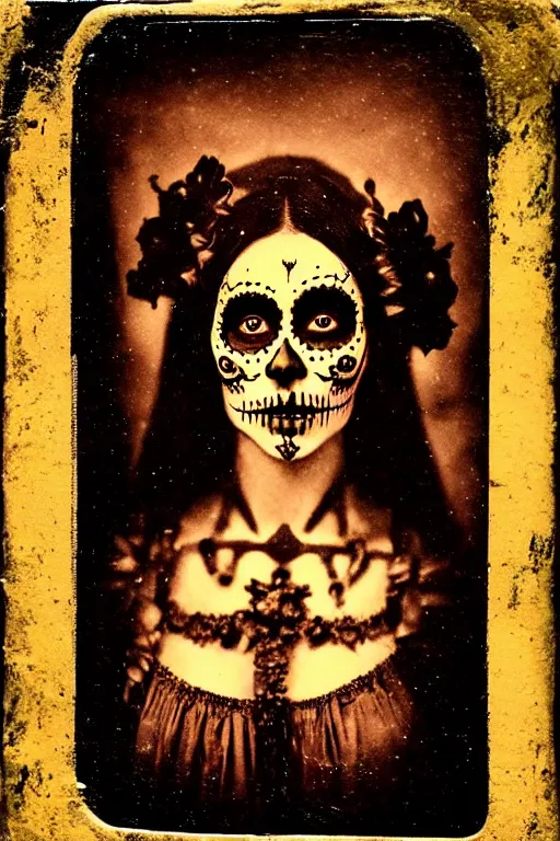 Image similar to tintype, 1 8 5 0's virgin mary dia de muertos dress and make up, horrific beautiful vibe, evocative, atmospheric lighting, painted, intricate, highly detailed, leesha hannigan, wayne haag, reyna rochin, ignacio fernandez rios, mark ryden, iris van herpen, stunning, gorgeous, sharp focus, cinematic, masterpiece