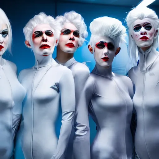 Image similar to troop of freak show women with white hair, white hair, tight light blue neopren suits, futuristic production facility, sci - fi, highly detailed, cinematic