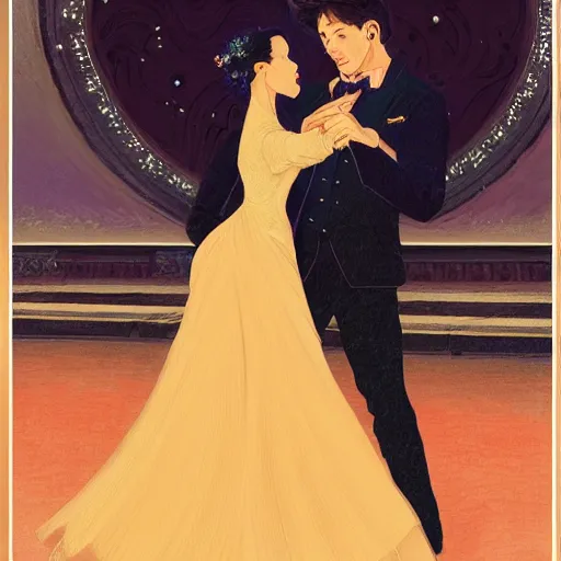 Prompt: young couple waltz dancing, black - haired woman wearing green dress, man wearing tuxedo, highly detailed, digital painting, watercolor, engraving, artstation, concept art, smooth, sharp focus, vivid grunge, manga, illustration, unreal engine 5, 8 k, art by bilibin and kilian eng and kuvshinov and malevich and mucha