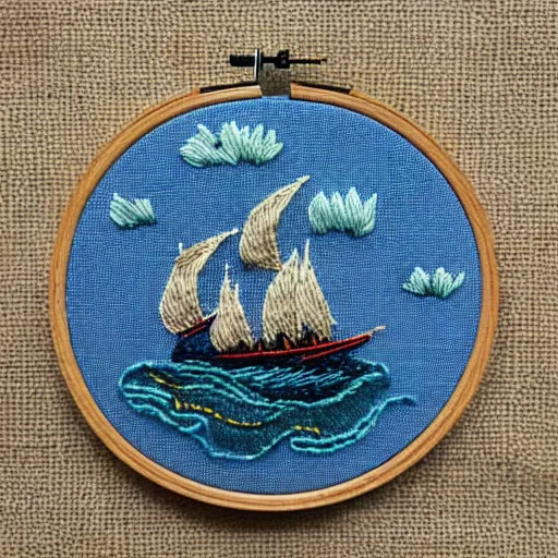 Image similar to a tiny beautiful handmade embroidery of a pirate ship sinking into a stormy ocean. hand embroidery.