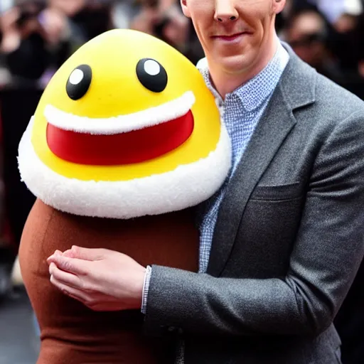 Prompt: benedict cumberbatch wearing an eggs benedict mascot costume