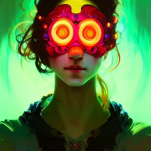 Image similar to A girl wearing a glowing colorful rave mask, face, detailed, intricate, elegant, highly detailed, digital painting, artstation, concept art, smooth, sharp focus, illustration, art by Krenz Cushart and Artem Demura and alphonse mucha