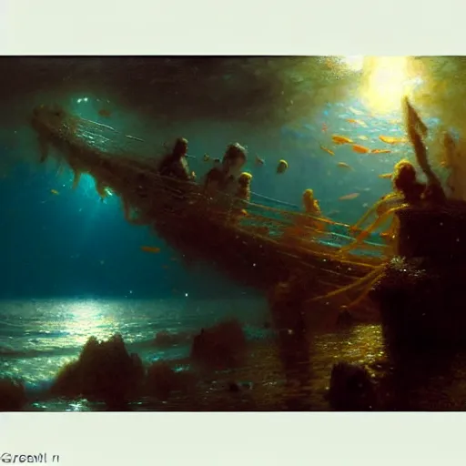 Image similar to point of view of deep in the ocean looking up, you see fishes, the milk way, night time, midnight, no sunlight. highly detailed painting by gaston bussiere, greg rutkowski 8 k