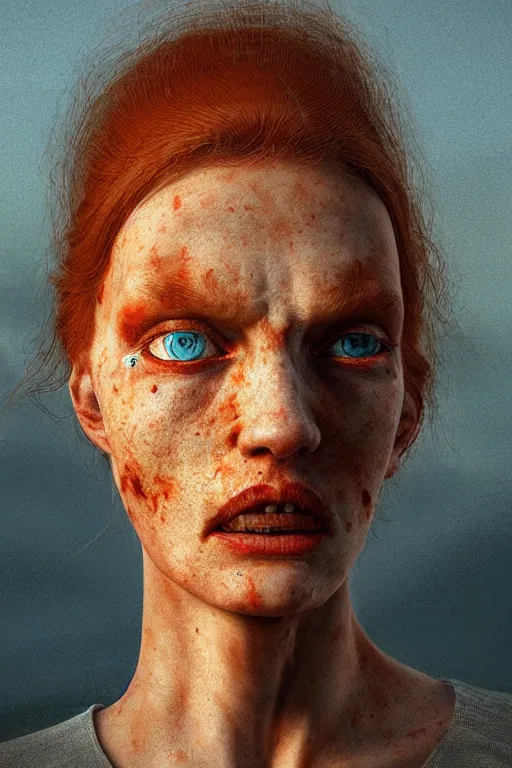 Image similar to outer body projection of beautiful woman, blue eyes, angry look, messy ginger hair, 4 k, cinematic lighting, hdr, highly detailed, ultra fine detail, photoreal, sharp focus, art by zdislav beksinski, rendered in octane, raytraced