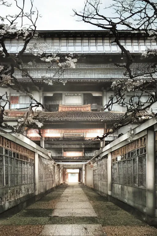 Image similar to a beautiful japanese high school with many ghosts and zombies and monsters at night