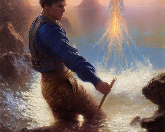 Image similar to attractive male wizard casting powerful tsunami wave spell in a beautiful lake. highly detailed painting by gaston bussiere, craig mullins, j. c. leyendecker 8 k