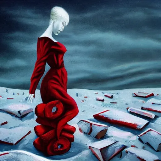 Image similar to a surrealist painting of a lonely woman with white skin and red hair standing over pile of bodies in post apocalyptic snowy landscape painted by beksinsk