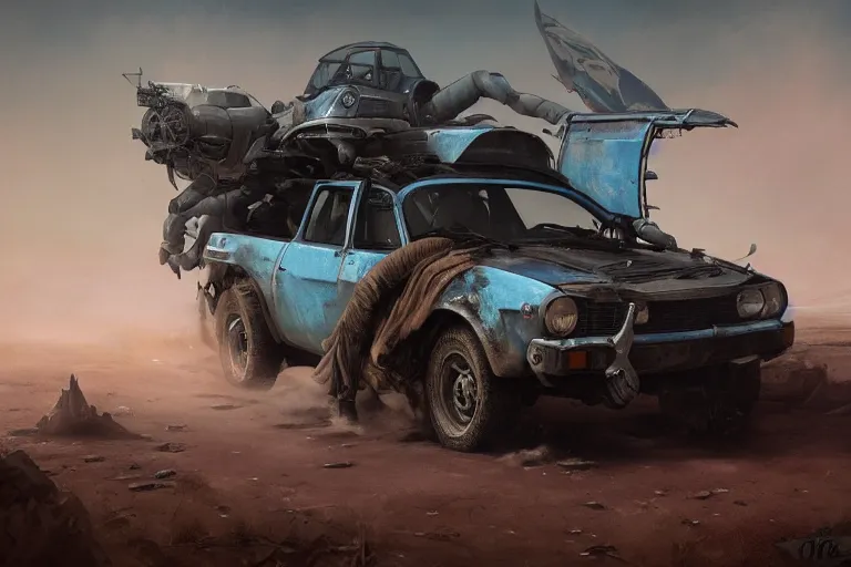 Image similar to a Dacia 1310, in Mad Max style, coriolios rpg art style, full of details, dark sci-fi, cold blue colors, matte painting, artstation, 8k, hyperrealistic, style of peter mohrbacher