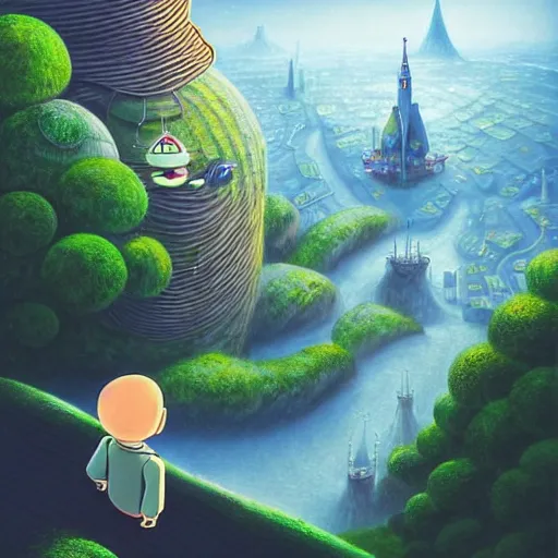 Prompt: gediminas pranckevicius an adventurous boy ( facing the camera ) and his small robot friend, futuristic city backgrond, eleborate composition with foreground and background, depth of field, fantasy illustration by kyoto studio, don bluth!!!, square enix, cinematic lighting