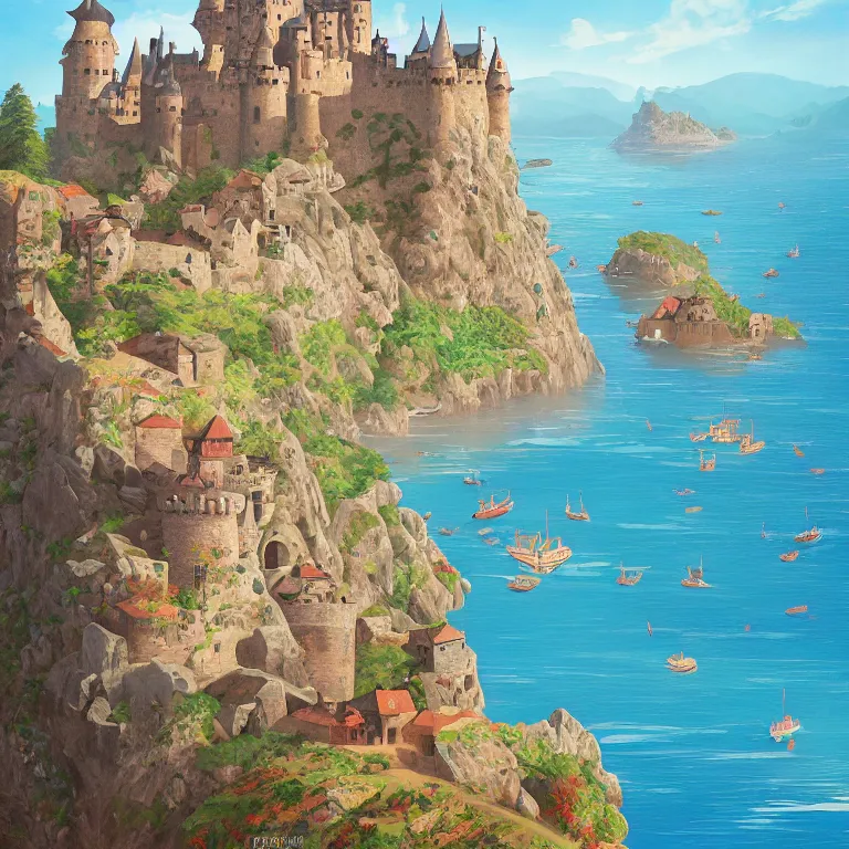 Prompt: a beautiful painting of a medieval castle and bustling town floating on top of a giant rock next to a beach and a clear blue sea mountain range by petros afshar