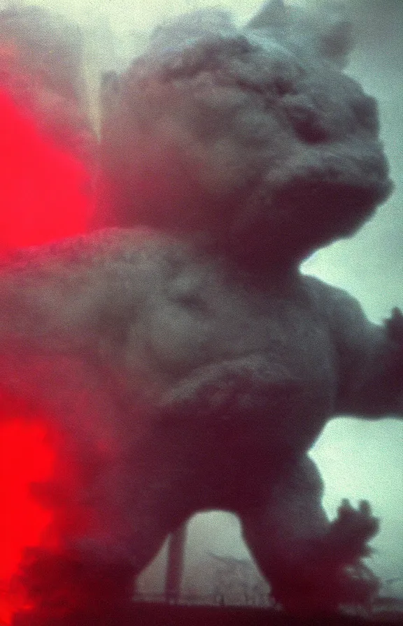 Image similar to very low - resolution found footage of a kaiju monster, fog, smoke, red hue, thriller, underdeveloped, blurry, video compression