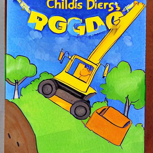 Prompt: children's book illustration of a digger in the backyard