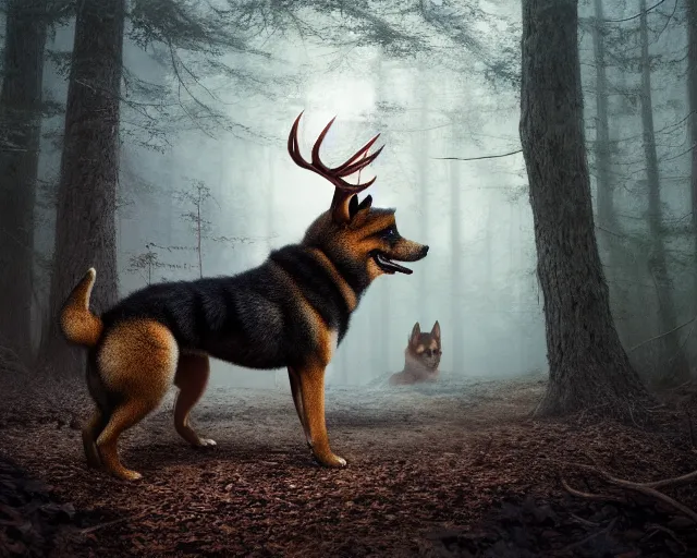 Prompt: 5 5 mm portrait photo of an armored demonic shiba inu with antlers, in a magical forest. dark atmosphere. art by greg rutkowski. highly detailed 8 k. intricate. lifelike. soft light. nikon d 8 5 0.