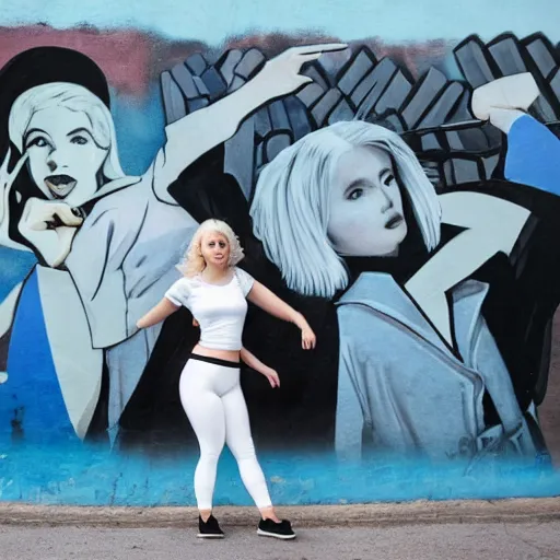 Prompt: platinum - blonde - haired hime - cut blue - eyed 1 9 - year - old nordic princess wearing white leggings and black jacket, adoring communist mural on wall, post - revolutionary era, toulouse france