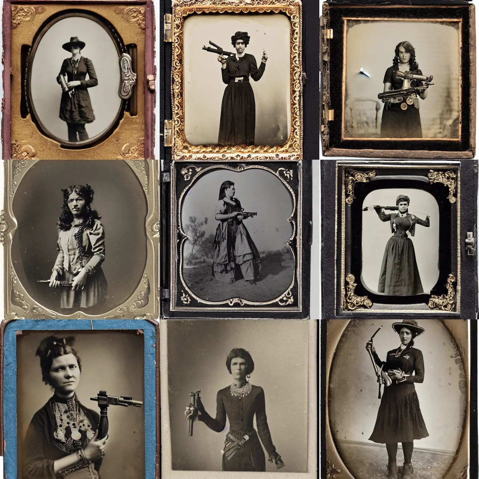 Prompt: a platinotype photo of a woman from the old west with an ornately decorated revolver in each hand