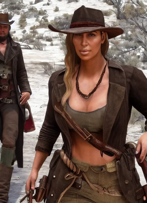 Image similar to film still of kim kardashian as Sadie Adler in rdr2.