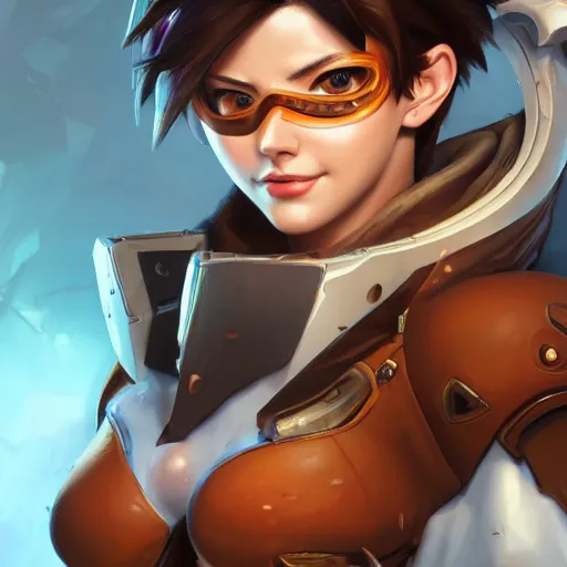 Image similar to closeup portrait of Tracer from Overwatch, D&D, fantasy, intricate, elegant, highly detailed, digital painting, artstation, concept art, matte, sharp focus, illustration, hearthstone, art by Artgerm and Gred Rutkowski and Alphonse Mucha