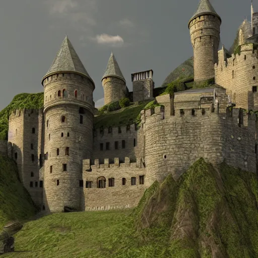 Prompt: Medieval castle on hills, realistic, detailed, artstation
