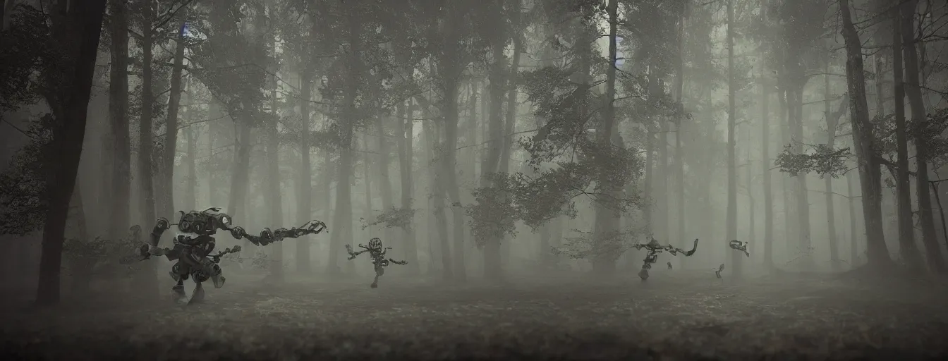 Prompt: creepy rusty robots hunting humans in dark foggy old forest in the night, postapo, dystopia style, heavy rain, reflections, high detail, dramatic moment, motion blur, dense ground fog, dark atmosphere, saturated colors, by darek zabrocki, render in unreal engine - h 7 0 4