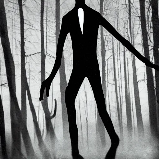 Image similar to a smudged, scratched, grainy and blurry photograph showing the whole body of a slender man dynamically and frenetically moving in a dark room. his dance is wild and unpredictable. in the creepy woods, night time, flash lights.