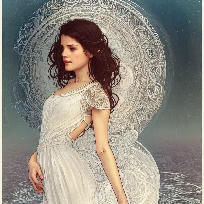 Image similar to long shot, woman posing, short wavy hair, round face, intricate white dress, cottagecore!!, inside water, intricate, enlightened, highly detailed, digital painting, artstation, concept art, smooth, sharp focus, illustration, art by artgerm and greg rutkowski and alphonse mucha
