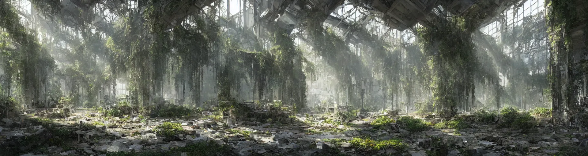 Prompt: In the midst of a densely overgrown ruin, a large space with sunlight filtering through the broken windows, a high ceiling, a vast floor, flooded with crystal clear water, gorgeous, trending on Artstation, digital art