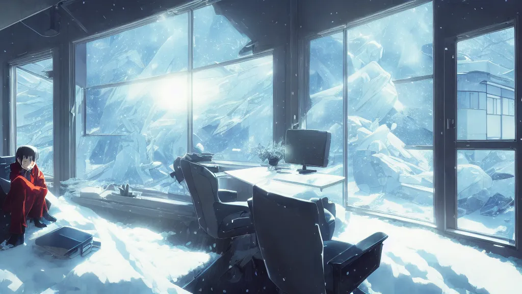 Prompt: interior of a frozen home office, snow drifts everywhere, dynamic shadows, dynamic lighting, dynamic colors, ilya kuvshinov, kyoani, hiroaki samura, yoshinari yoh, james jean, katsuhiro otomo, erik jones, cel shaded, anime poster