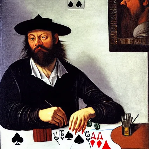 Prompt: Bearded man in a suit playing poker, Caravaggio style