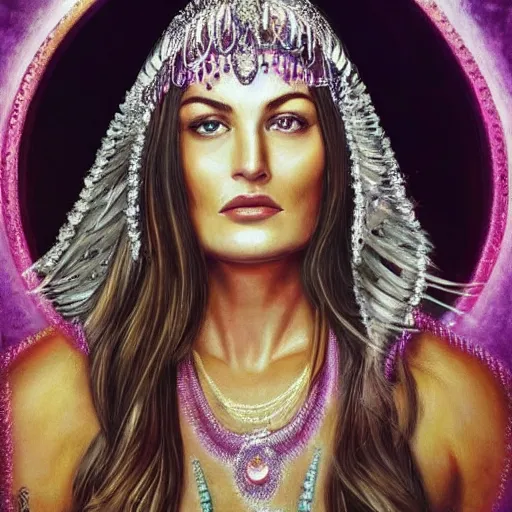 Image similar to a young Mädchen Amick as Goddesses of gems looking at you intensely with seductively serious eyes while wearing a head covering. ultra detailed painting at 16K resolution and epic visuals. epically surreally beautiful image. amazing effect, image looks crazily crisp as far as it's visual fidelity goes, absolutely outstanding. vivid clarity. ultra. iridescent. mind-breaking. mega-beautiful pencil shadowing. beautiful face. Ultra High Definition.