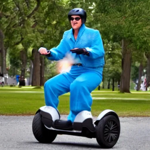 Image similar to elvis riding a segway in a frog costume