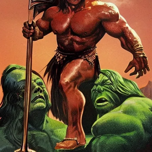 Prompt: Conan the Destroyer conquers the Emerald City in Oz in the style of Boris Vallejo