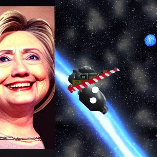 Prompt: hillary clinton's head floating in outer space in a screenshot from the n 6 4 game starfox 6 4 from 1 9 9 6