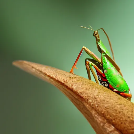 Prompt: a macro tilt shift render of a praying mantis eating a ladybug