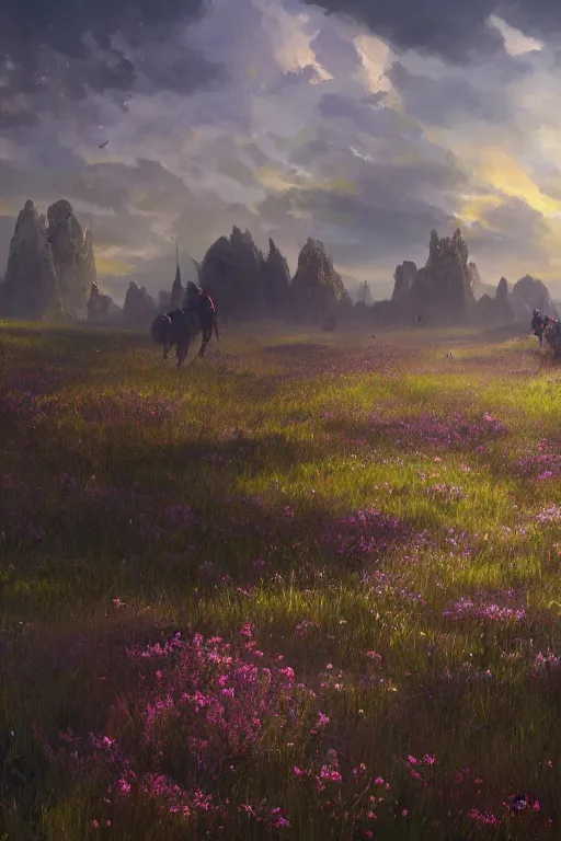 Image similar to An endless beuatiful and colourful meadow by Greg Rutkowski, Sung Choi, Mitchell Mohrhauser, Maciej Kuciara, Johnson Ting, Maxim Verehin, Peter Konig, final fantasy , 8k photorealistic, cinematic lighting, HD, high details, atmospheric,