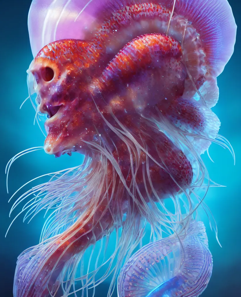 Image similar to goddess close-up portrait ribcagel. jellyfish phoenix head, nautilus, orchid, skull, betta fish, bioluminiscent creatures, intricate artwork by Tooth Wu and wlop and beeple. octane render, trending on artstation, greg rutkowski very coherent symmetrical artwork. cinematic, hyper realism, high detail, octane render, 8k