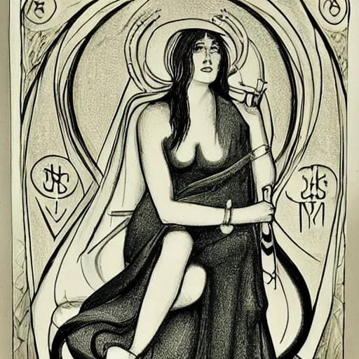 Prompt: the goddess hekate, seated in her holy element, glorious and occult, with symbolic elements