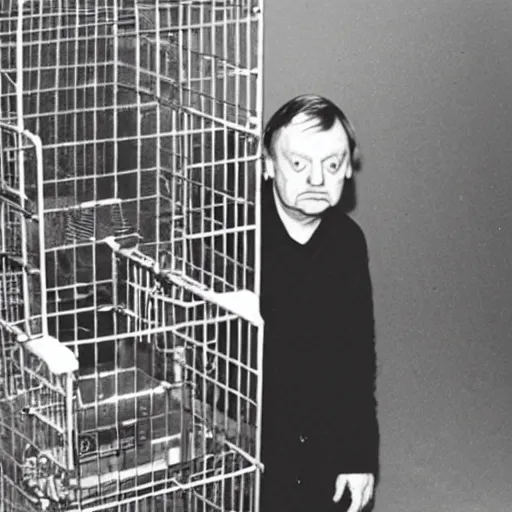 Image similar to mark e smith in a small cage marked for sale