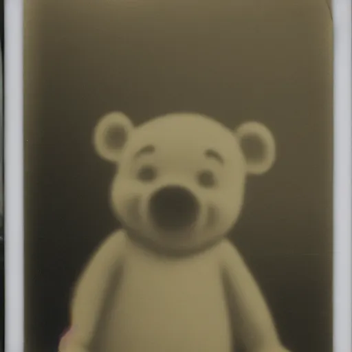 Prompt: depressed winnie the pooh, old black and white polaroid, dramatic lighting