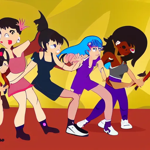 Prompt: a group of girls fighting with monster,2d,animation