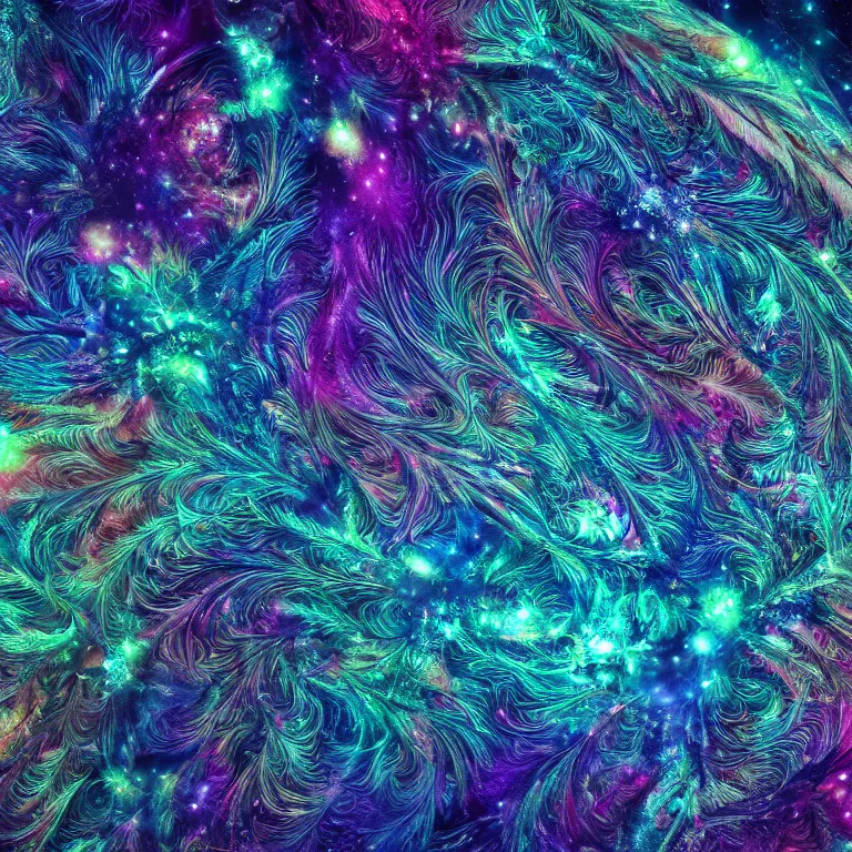 Image similar to an highly detailed irregular warped fractal of feathers by Emek Golan, background of outer space neon nebulas by Pilar Gogar, 8k hdr octane render