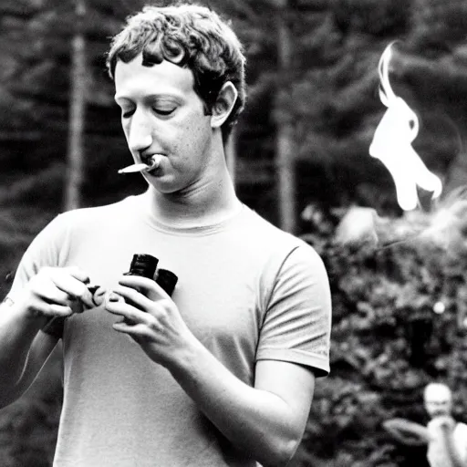 Prompt: photograph of mark zuckerberg smoking bongs and selling acid at powder ridge rock festival, 1 9 7 0