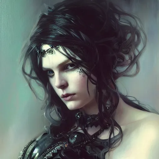 Prompt: dark goth queen with blue eyes, dark fantasy, hyperrealistic portrait, art of elysium by jeremy mann and alphonse mucha, fantasy art, photo realistic, dynamic lighting, dark, goth, artstation, ginger hair, volumetric lighting, very detailed face, 4 k, award winning