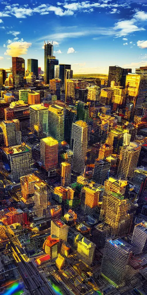 Prompt: hyper realistic photo of calgary downtown city view, 1 6 k, hyper realistic, fractal art, art station, coherent design, symmetrical, vivid colour, complementary colour, golden ratio, detailed, sharp lines, intricate, rainbow shift, in unreal 3 d engine, ray tracing, octane render