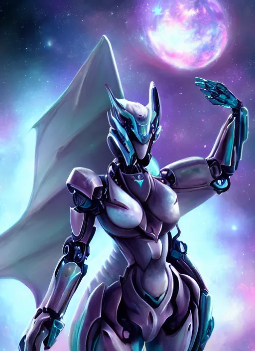 Image similar to cinematic goddess shot, cosmic sized perfectly proportioned stunning beautiful hot anthropomorphic robot mecha female dragon, in space, nebula background, larger than galaxies, holding galaxy, sharp claws, sleek silver armor, epic proportions, epic size, epic scale, digital art, furry art, macro art, dragon art, giantess art, warframe fanart, furaffinity, deviantart