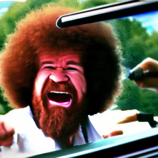 Prompt: a screaming angry bob ross in rear view mirror