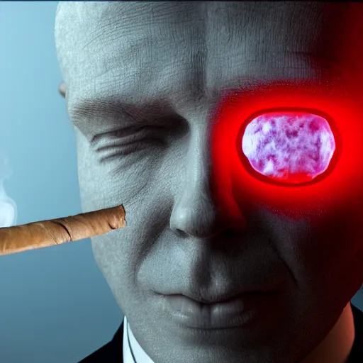 Prompt: A hyperrealistic 3D render of a nuclear explosion reflected in the bleeding eyes of a man in a suit smoking a cigar