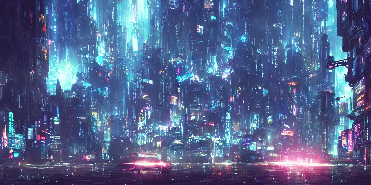 Prompt: a cyberpunk City with billboards, Hologramm and signs in a rainy night, Skyline view from a rooftop, flying scifi vehicle, volumetric lighting, epic composition, rule of thirds, the fifth Element, tekkon kinkreet, akira, rendered by Beeple, Makoto Shinkai, syd meade, environment concept, digital art, star wars, raphael lacoste, eddie mendoza, alex ross, concept art, cinematic lighting, , unreal engine, 3 point perspective, WLOP, trending on artstation, 4K UHD image, octane render