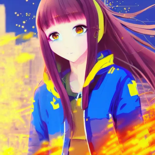 Prompt: anime ukrainian girl, in blue and yellow clothes, watching explosions in big city, concept art, trending on artstation, highly detailed, intricate, sharp focus, digital art, 8 k