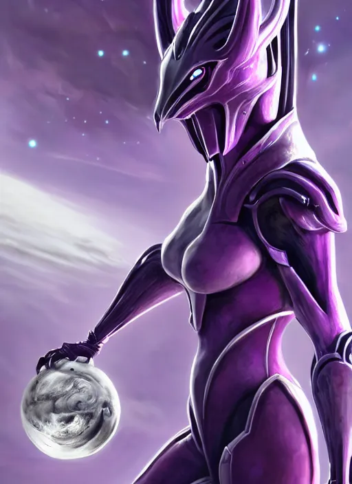 Image similar to cinematic close shot, galactic sized goddess, proportional stunning beautiful hot female warframe, detailed sleek cyborg female dragon head, metal ears, sleek purple eyes, sleek silver armor, smooth fuschia skin, floating in space, holding a planet, epic proportions, epic size, epic scale, furry art, dragon art, giantess art, warframe fanart, furaffinity, deviantart