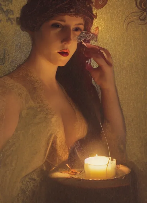 Prompt: a photo of a woman in a dark room wearing lace smoking a cigarette advertisement photography by mucha, candlelight, pagan, extremely coherent, sharp focus, elegant, render, octane, detailed, award winning photography, masterpiece, rim lit